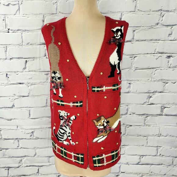 Vintage Capacity Sweater Vest Women S Cats kittens kitties Christmas Grandmacore - Picture 1 of 10